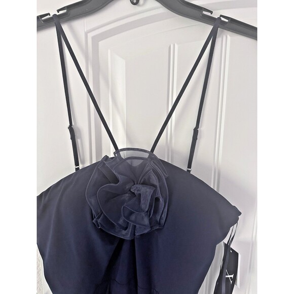 XSCAPE Women's Rosette Halter Gown Sleeveless Front slit Formal Dress Navy 14 - Picture 8 of 11